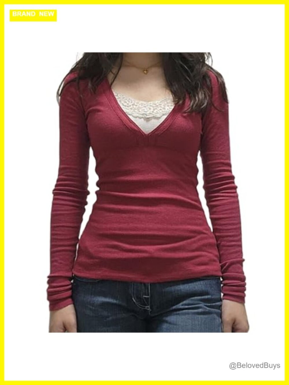 Pivanzore Long Sleeve Lace Patchwork Blouse Button Henley Empire Waist